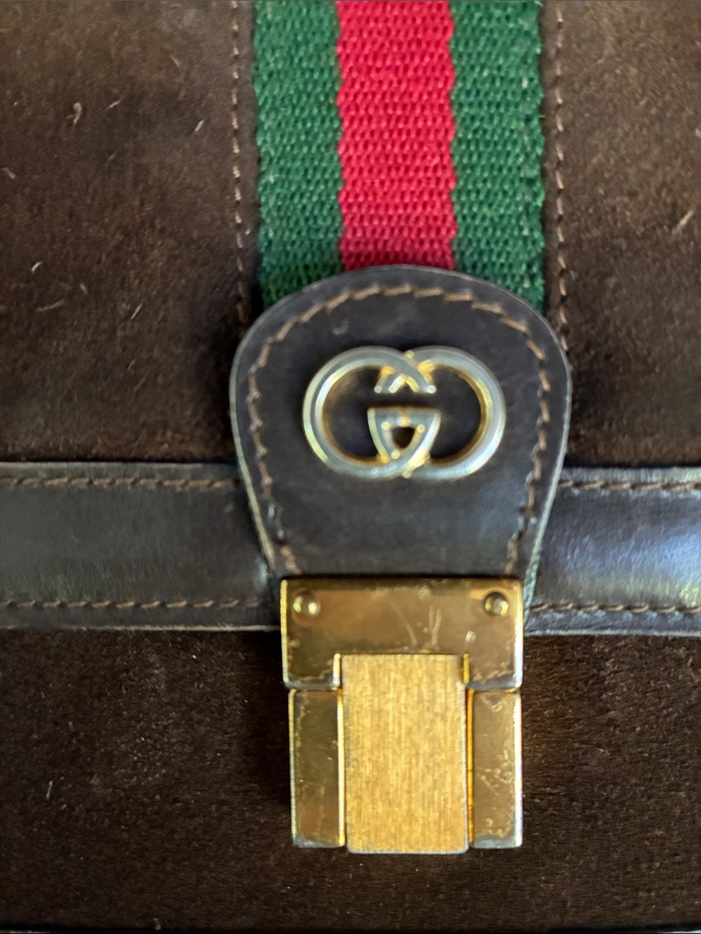 Gucci Brown Suede Messenger Bag with Green-Red Web Stripe - Picture 2 of 7